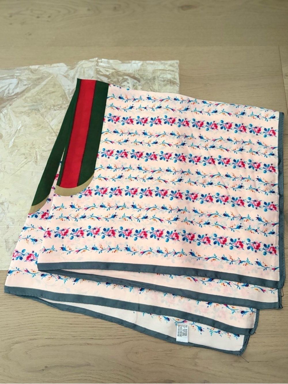 Floral Pink Silk Scarf with Green & Red Accent - Picture 7 of 8